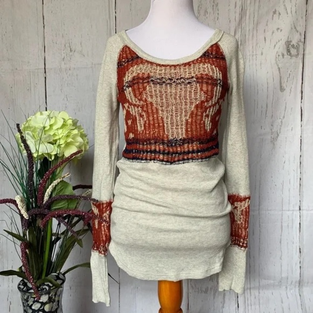 Beige and Rust Long Sleeve Top
